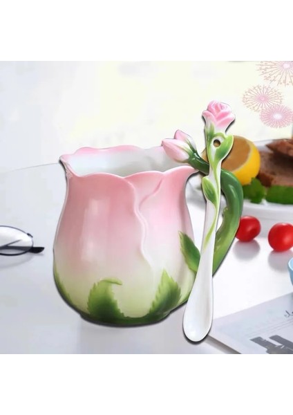 Sarı Stil Avrupa Tarzı Emaye Seramik Kahve Kupa Yaratıcı 3D Gül Çiçek Şekli Çay Fincanı Pastoral 4 Renk Kahvaltı Kaşıklı Süt Bardakları (Yurt Dışından)