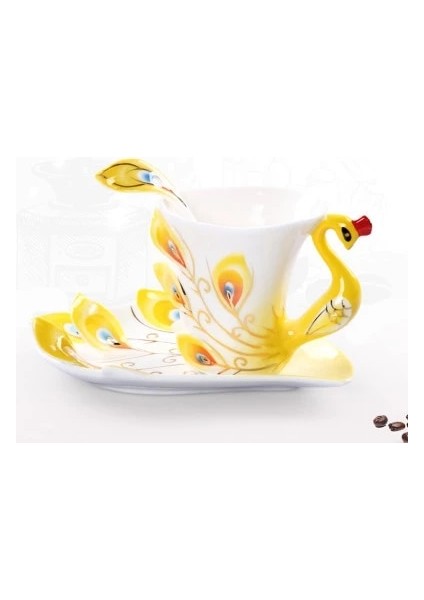 Sarı Stil 230ML Yaratıcı 3D El Hazırlanmış Porselen Emaye Tavuskuşu Kahve Fincanı Seti Tabağı ve Kaşık Mevcut Seramik Çay Su Bardağı Bulaşık Hediyesi (Yurt Dışından)