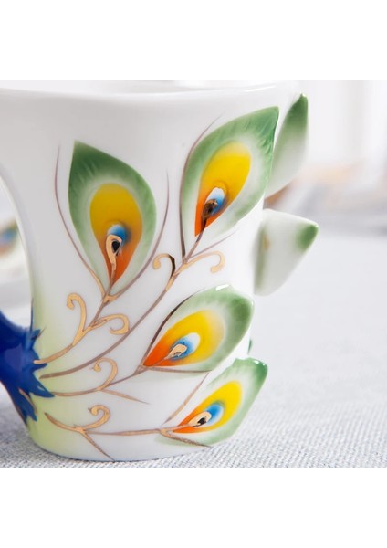 Sarı Stil 230ML Yaratıcı 3D El Hazırlanmış Porselen Emaye Tavuskuşu Kahve Fincanı Seti Tabağı ve Kaşık Mevcut Seramik Çay Su Bardağı Bulaşık Hediyesi (Yurt Dışından)