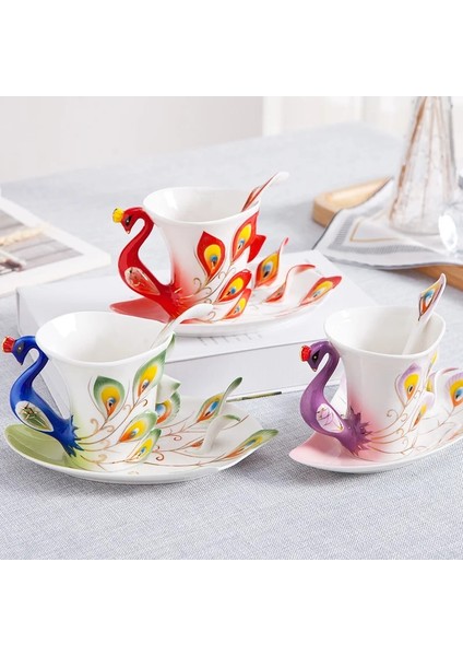 Sarı Stil 230ML Yaratıcı 3D El Hazırlanmış Porselen Emaye Tavuskuşu Kahve Fincanı Seti Tabağı ve Kaşık Mevcut Seramik Çay Su Bardağı Bulaşık Hediyesi (Yurt Dışından)