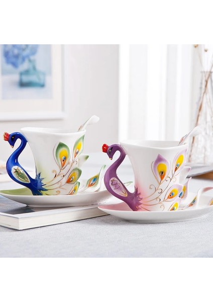 Sarı Stil 230ML Yaratıcı 3D El Hazırlanmış Porselen Emaye Tavuskuşu Kahve Fincanı Seti Tabağı ve Kaşık Mevcut Seramik Çay Su Bardağı Bulaşık Hediyesi (Yurt Dışından)