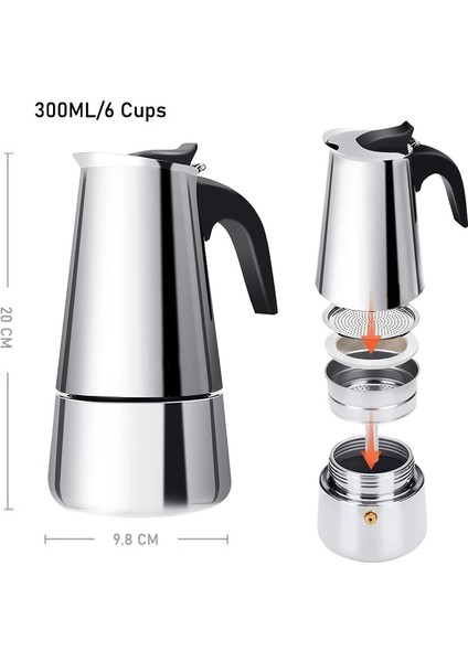 300ML Stili Moka Cof Pot Espresso Latte Percolator Stove Cof Maker Espresso Pot Italian Cof Machine ml Stainless Steel (Yurt Dışından)