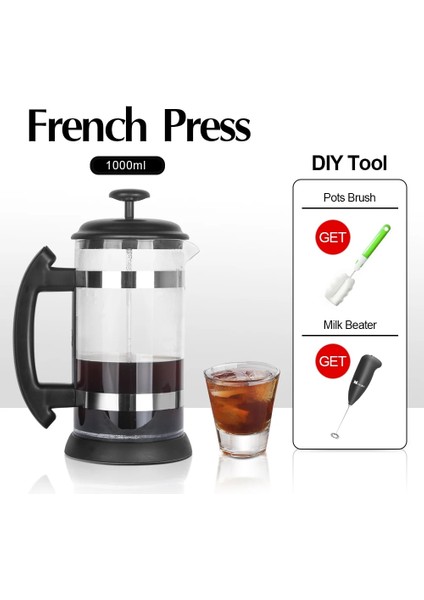 Açık Sarı Stil Paslanmaz Çelik Cam Demlik Cafetiere Fransız Kahve Çay Percolator Filtre Pres Piston L Manuel Kahve Espresso Makinesi Pot (Yurt Dışından)