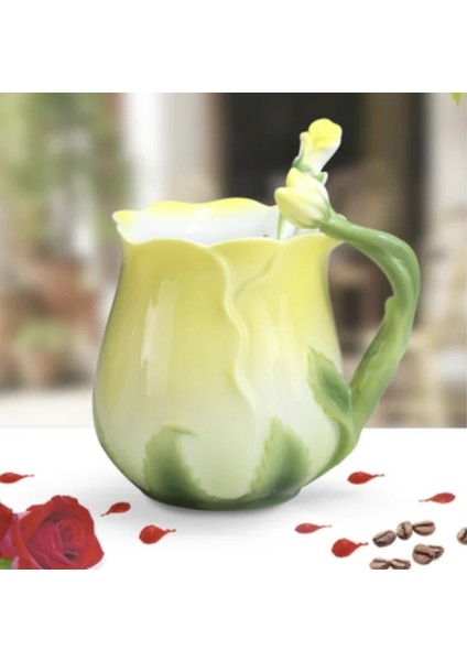 Sarı B Stili Yaratıcı Moda 3D Gül Şekli Çiçek Emaye Seramik Kahve Çay Bardağı ve Tabağı Kaşık Seti Porselen Su Bardağı Sevgililer Günü Hediyesi (Yurt Dışından)