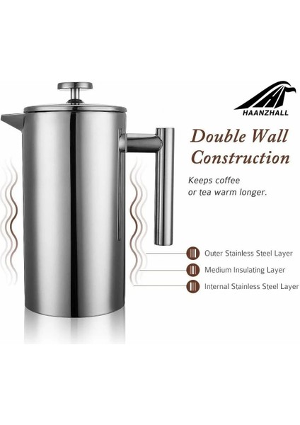 350ML Tarzı French Press Kahve Makinesi Paslanmaz Çelik Kahve Percolator Pot, Çift Duvar ve Büyük Kapasiteli Manuel Cafetiere Kahve Kapları (Yurt Dışından)