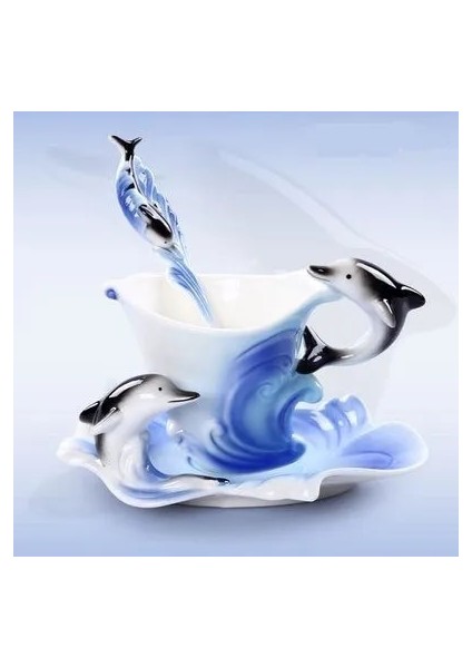 Mavi Stil 150ML Yunus Fincan Tabağı Kaşık Seti 3D Yaratıcı Seramik Kahve Çay Kupaları Sıcak Kahvaltı Su Şişesi Noel Brithaday Hediyesi (Yurt Dışından)