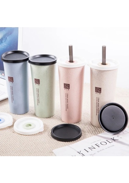 Yeşil Stil Fincan Su Bardağı ile Pipet Çift Kapaklı Taşınabilir El Fincan Buğday Samanı Kola Kahve Plastik Seyahat Bardağı Içme Kupası Ev Ofis Hediyeleri (Yurt Dışından) modelleri