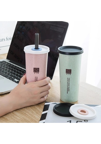 Yeşil Stil Fincan Su Bardağı ile Pipet Çift Kapaklı Taşınabilir El Fincan Buğday Samanı Kola Kahve Plastik Seyahat Bardağı Içme Kupası Ev Ofis Hediyeleri (Yurt Dışından) fırsatları