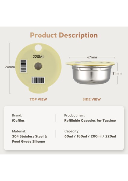 180ML Tarzı Paslanmaz Çelik Yeniden Kullanılabilir Kahve Kapsülü Kapsülleri Bosch Tassimo Doldurulabilir Filtre Kahve Makinesi Silikon Kapak Ml'ye Uyar (Yurt Dışından)