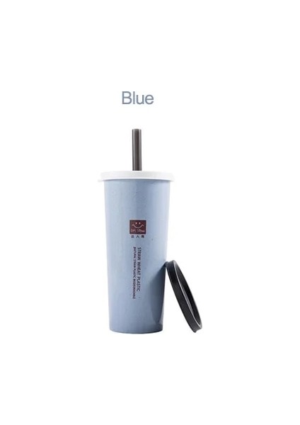Mavi Stil Su Bardağı Taşınabilir Kolay Bardak Çift Kapaklı Kola Kahve Plastik Seyahat Buğday Samanı Kapaklı Su Bardağı Bardak Içme Bardağı Aile Hediyesi (Yurt Dışından)