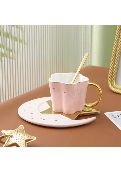 Pembe Tarzı Yaratıcı Seramik Yıldız Ay Kahve Fincan ve Tabağı Kaşık Altın Saplı Kupa Ikindi Çay Bardağı Suyu Su Içecekler Fincan Porselen (Yurt Dışından)