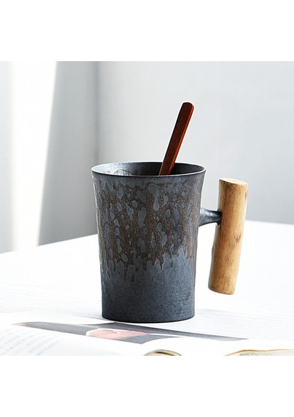 Turuncu Tarzı Yaratıcı Retro Ahşap Saplı Kaşıklı Kupa Ev Seramik Çay Bardağı El Yapımı Kumtaşın Ofis Kahve Fincanı Japon Tarzı (Yurt Dışından)