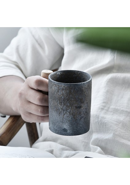 Turuncu Tarzı Yaratıcı Retro Ahşap Saplı Kaşıklı Kupa Ev Seramik Çay Bardağı El Yapımı Kumtaşın Ofis Kahve Fincanı Japon Tarzı (Yurt Dışından) fırsatları