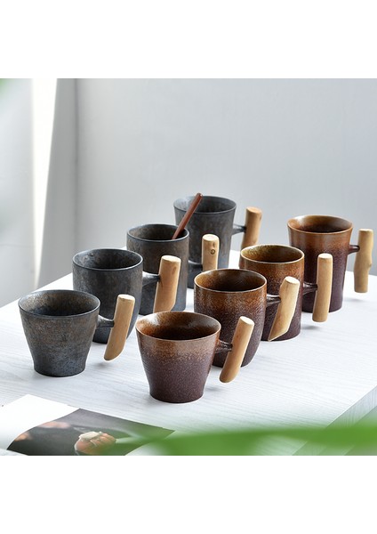 Turuncu Tarzı Yaratıcı Retro Ahşap Saplı Kaşıklı Kupa Ev Seramik Çay Bardağı El Yapımı Kumtaşın Ofis Kahve Fincanı Japon Tarzı (Yurt Dışından) indirimleri