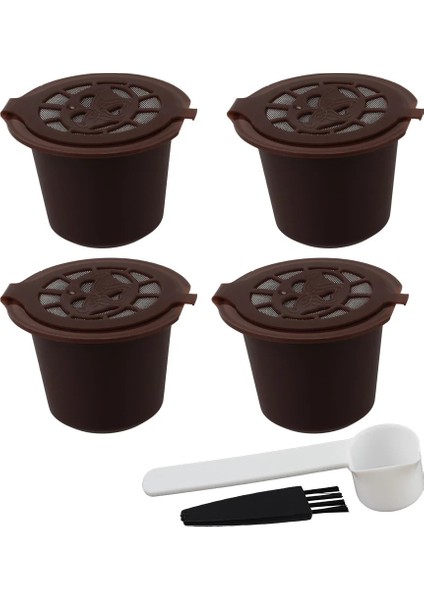 Kumral Tarzı 4 Adet Kahve Kapsül Fincan Nespresso Için Yeniden Kullanılabilir Kaşık Fırça ile Doldurulabilir Kahve Kapsül Dolum Filtresi (Yurt Dışından)