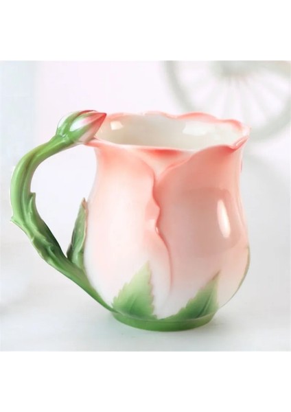 Pembe Tarzı Avrupa Tarzı Emaye Seramik Kahve Kupa Yaratıcı 3D Gül Çiçek Şekli Çay Fincanı Pastoral 4 Renk Kahvaltı Kaşıklı Süt Bardakları (Yurt Dışından)