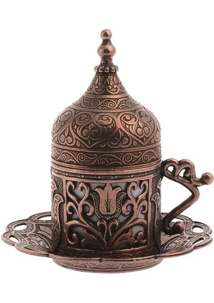 Koyu Bakır Tarzı Türk Kahvesi Fincanları ve Tabakları, Osmanlı Antika Vintage Tarzı Yunan Arap Kupa Porselen. Bakır Ev Dekorasyonu, Erkek Bayan Hediyesi (Yurt Dışından)