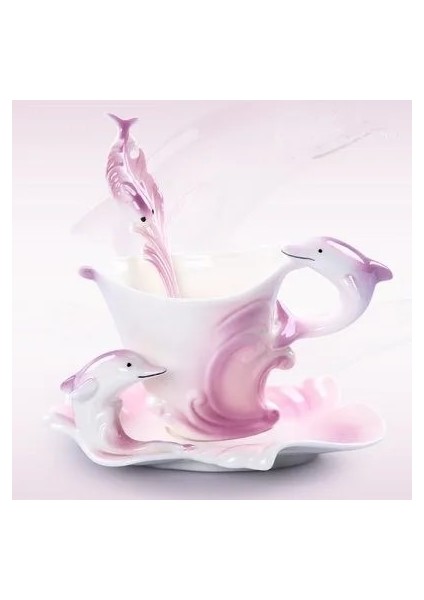 Pembe Tarzı 150ML Yunus Fincan Tabağı Kaşık Seti 3D Yaratıcı Seramik Kahve Çay Kupaları Sıcak Kahvaltı Su Şişesi Noel Brithaday Hediyesi (Yurt Dışından)