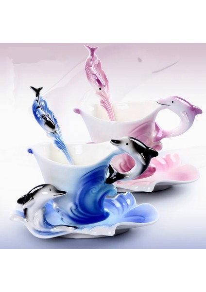 Pembe Tarzı 150ML Yunus Fincan Tabağı Kaşık Seti 3D Yaratıcı Seramik Kahve Çay Kupaları Sıcak Kahvaltı Su Şişesi Noel Brithaday Hediyesi (Yurt Dışından) fırsatları