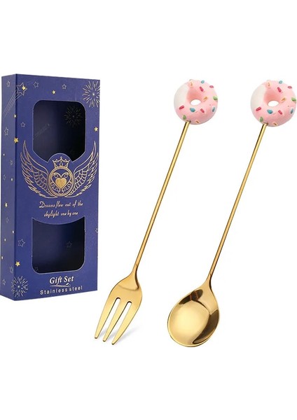 Pembe Altın 2 Adet Tarzı Donut Tasarım Paslanmaz Çelik Kahve Kaşığı Meyve Çatalı Karıştırma Süt Çay Kaşığı Tatlı Meyve Kaşığı Mutfak Sofra 12CM (Yurt Dışından)