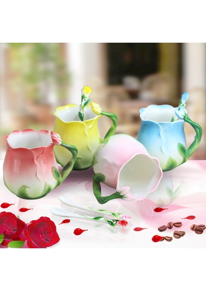 Mavi Stil Avrupa Tarzı Emaye Seramik Kahve Kupa Yaratıcı 3D Gül Çiçek Şekli Çay Fincanı Pastoral 4 Renk Kahvaltı Kaşıklı Süt Bardak (Yurt Dışından)