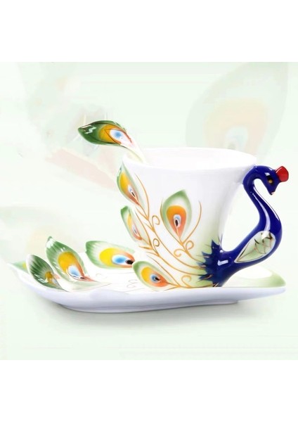 Yeşil Stil Avrupa Tarzı Seramik Kahve Fincanı Yaratıcı Kemik Çini 3D Emaye Renkli Porselen Çay Fincan Tabağı ve Kaşık Seti Drinkware (Yurt Dışından)