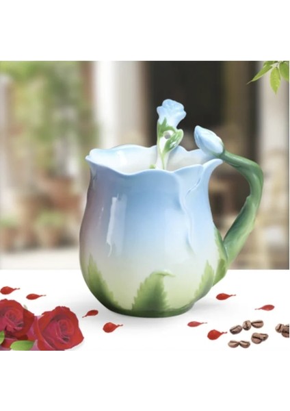 Mavi B Stili Yaratıcı Moda 3D Gül Şekli Çiçek Emaye Seramik Kahve Çay Bardağı ve Tabağı Kaşık Seti Porselen Su Bardağı Sevgililer Günü Hediyesi (Yurt Dışından)