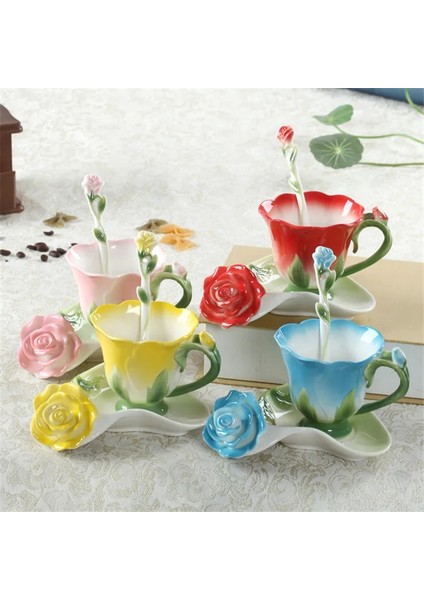Mavi B Stili Yaratıcı Moda 3D Gül Şekli Çiçek Emaye Seramik Kahve Çay Bardağı ve Tabağı Kaşık Seti Porselen Su Bardağı Sevgililer Günü Hediyesi (Yurt Dışından)