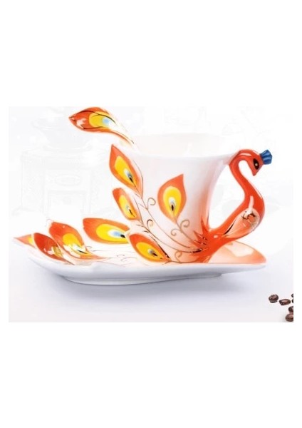 Turuncu Tarzı 175ML Yaratıcı 3D El Hazırlanmış Porselen Emaye Tavuskuşu Kahve Fincanı Seti Tabağı ve Kaşık Mevcut Seramik Çay Su Bardağı Bulaşık Hediyesi (Yurt Dışından)