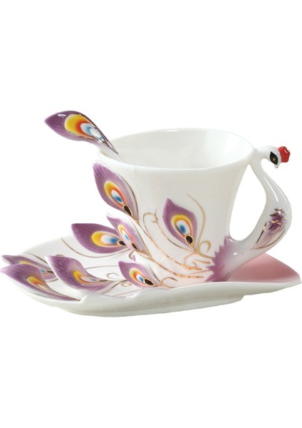 Bir Stil 180ML Eacock Kahve Kupaları Tabağı ve Kaşıkla 3D Yaratıcı Seramik Bardaklar Renkli Emaye Porselen Çay Su Şişesi Noel Hediyesi (Yurt Dışından)
