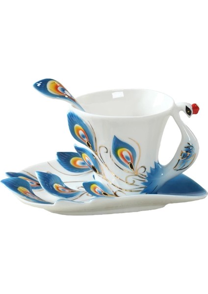 Bir Stil 180ML Eacock Kahve Kupaları Tabağı ve Kaşıkla 3D Yaratıcı Seramik Bardaklar Renkli Emaye Porselen Çay Su Şişesi Noel Hediyesi (Yurt Dışından)