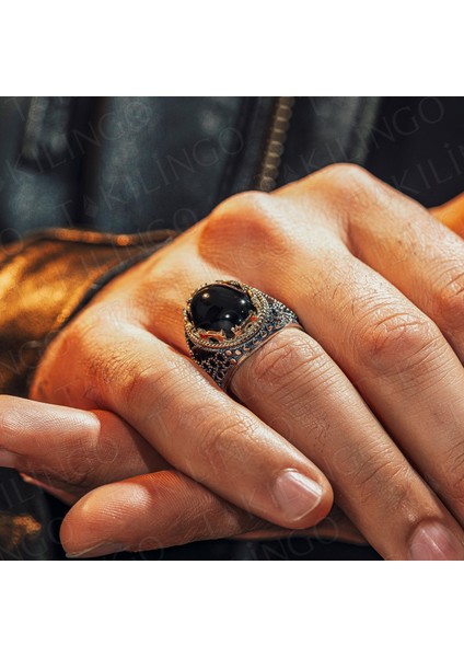 925 Ayar Gümüş Siyah Oniks Taşlı Usta Işi Erkek Yüzük