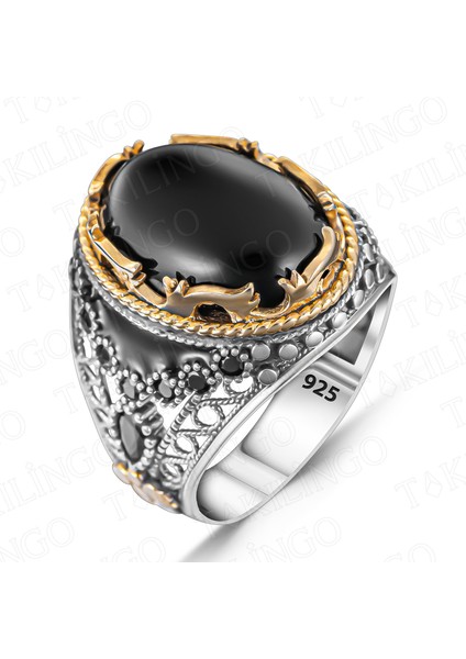 925 Ayar Gümüş Siyah Oniks Taşlı Usta Işi Erkek Yüzük modelleri