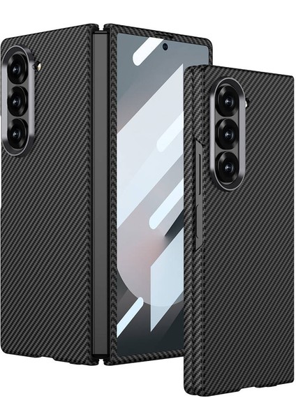 Galaxy Z Fold 6 Kılıf Kamera Korumalı Karbon Fiber Tasarımlı Arka Yüzey Kıpta Karbon Kapak-Siya
