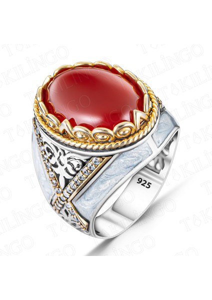 925 Ayar Gümüş Kırmızı Akik Taşlı Beyaz Mineli Usta Işi Erkek Yüzük fiyatları
