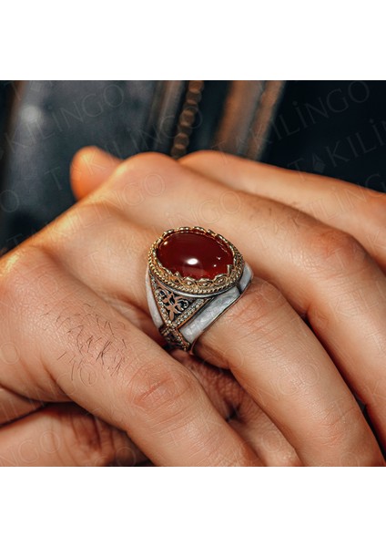 925 Ayar Gümüş Kırmızı Akik Taşlı Beyaz Mineli Usta Işi Erkek Yüzük modelleri