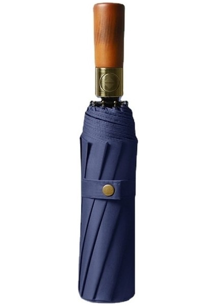 Hss 12 Kemik Otomatik Şemsiye Masif Ahşap Sap-Mavi (Yurt Dışından)