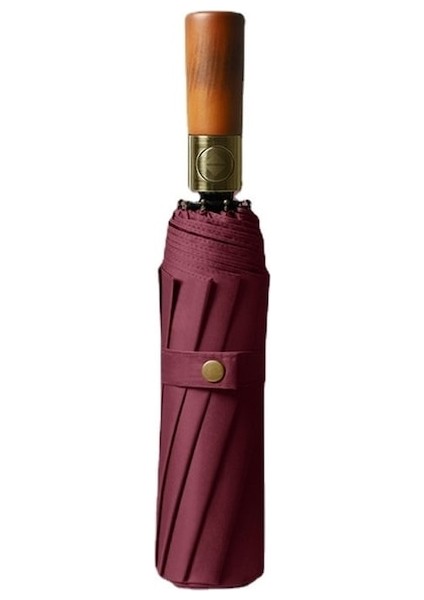 Hyt-Şemsiye Katlanır 10'lu Otomatik Şemsiye Masif Ahşap Saplı Şemsiye-Kırmızı (Yurt Dışından)