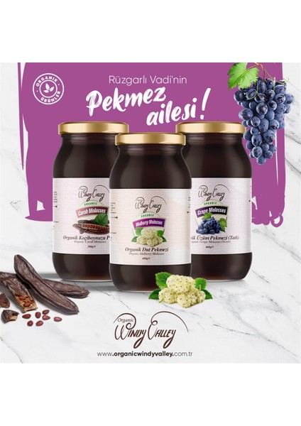 Pekmez Seti Soğuk Sıkım Katkısız Şeker ilavesiz (3'lü Set ) Organic Windy Valley Üzüm Pekmezi 460gr,Dut Pekmezi 460gr,Keçi Boynuzu Pekmezi 380gr