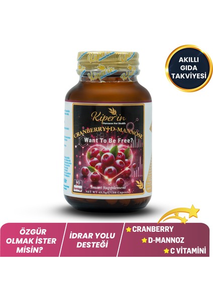 Cranberry, D-Mannoz, C Vitamin - Idrar Yolu Sağlığı (60KAPSÜL & 1400MG) | Akıllı Gıda Takviyesi