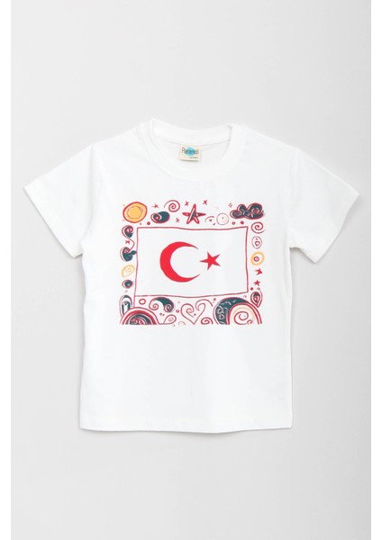 %100 Pamuklu Kısa Kollu Türk Bayrağı Baskılı Kız ve Erkek Unisex Çocuk Tshirt Beyaz