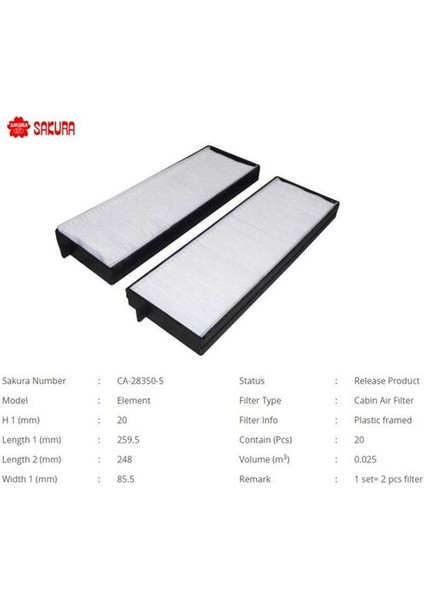 CA28350S Polen Filtresi 259.5MM Klima Filtresi Kasalı Çiftli Kore I20 Benzin-Dizel 2008-2013 971334P000