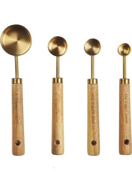 4'lü Ölçü Kaşığı Stili Ahşap Saplı Premium Ölçme Fincanları Paslanmaz Çelik Ölçme Kaşık Setleri Rose Gold Mutfak Pişirme Ölçme Kaşığı Setleri (Yurt Dışından)