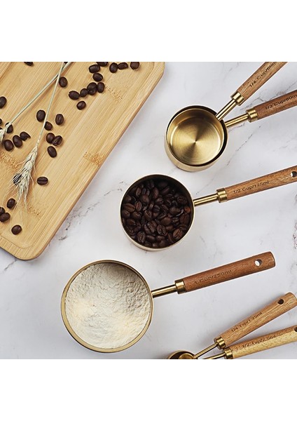 4'lü Ölçü Kaşığı Stili Ahşap Saplı Premium Ölçme Fincanları Paslanmaz Çelik Ölçme Kaşık Setleri Rose Gold Mutfak Pişirme Ölçme Kaşığı Setleri (Yurt Dışından) fırsatları