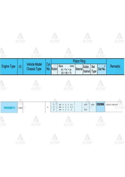 23265-STD Segman Pickup 03-12 Skystar Navara 06-15 89MM YD25DDTI Std Takım 23265STD