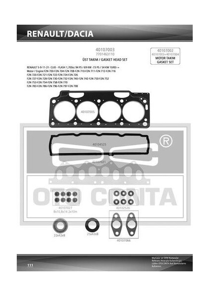 40107002 Motor Takım Contası Renault 11 Flash 1.7 Silindir Kapaklı Keçeli 7701462816