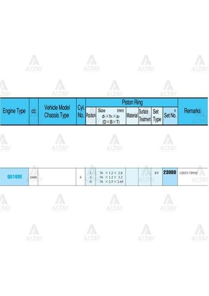 23080-STD Segman Primera 03-07 1.6 76MM QG16DE Std Takım 23080STD