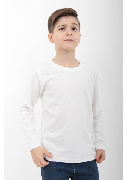 %100 Pamuklu Kız ve Erkek Unisex Uzun Kollu Basic Tshirt Ekru