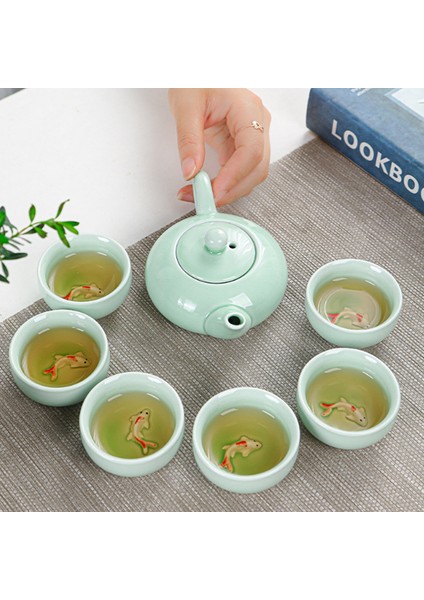 C Tarzı Seladonlar Sazan Çay Bardağı Kung Fu Çay Seti Hediye Seti Ev Basit Taşınabilir Seramik Çay Seti Hediye Seti Bir Pot ve Altı Bardak Çay Seti (Yurt Dışından)