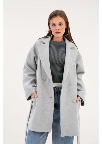 Gri Cepli Kuşaklı Kruvaze Kaşe Kaban